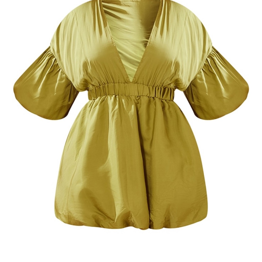 Olive Green Puff Sleeve Ruched Dress